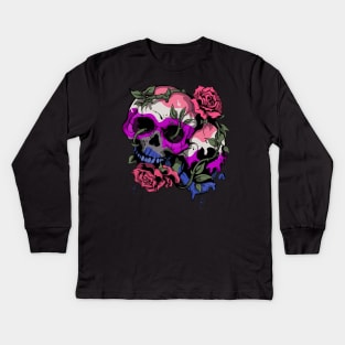 Gender Fluid Pride Flag Skull Roses Subtle LGBTQ Kids Long Sleeve T-Shirt